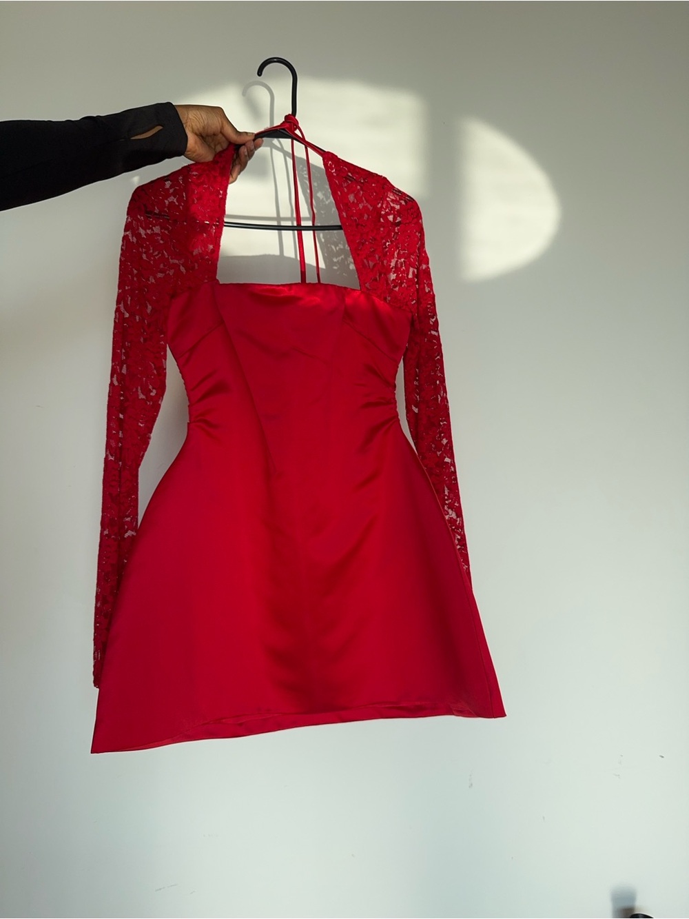 Sleeveless Red Halter Mini Dress with Lace Bolero